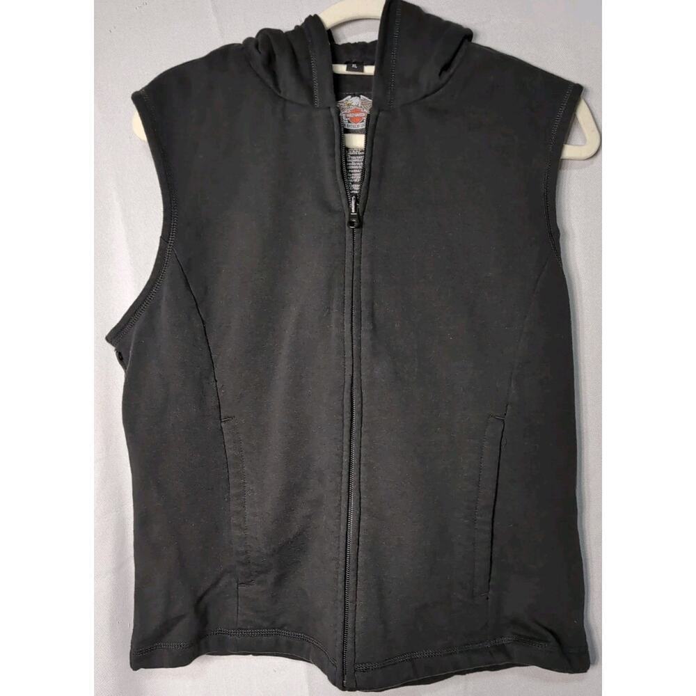 Harley Davidson Women's Y2K Sleeveless Hooded Sweatshirt Black XL Full Zip (605)